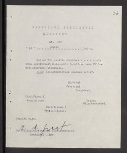 Johan-Ernst-Hans Markus követ hazarendelő parancsa. Kép: Észt Külügyminisztérium